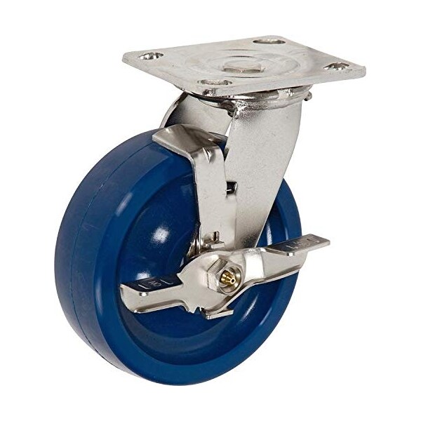 Medium Duty 5"X 2" Blue Solid Polyurethane Swivel Caster W/ Brake